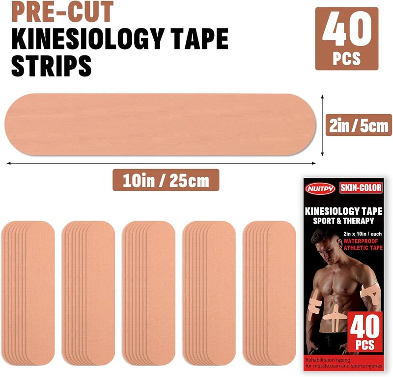NUITPY 40PCS Precut Kinesiology Tape Strips, 2 inch x 10 inch Athletic Tape, Kinetic Tape, Elastic Muscle Tape, Sports Tape, Knee Tape for Exercise and Daily Use - Skin Color - Image 2